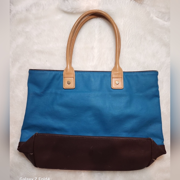 TORY BURCH Jaden Blue Brown Canvas Leather Tote Bag - Picture 3 of 11